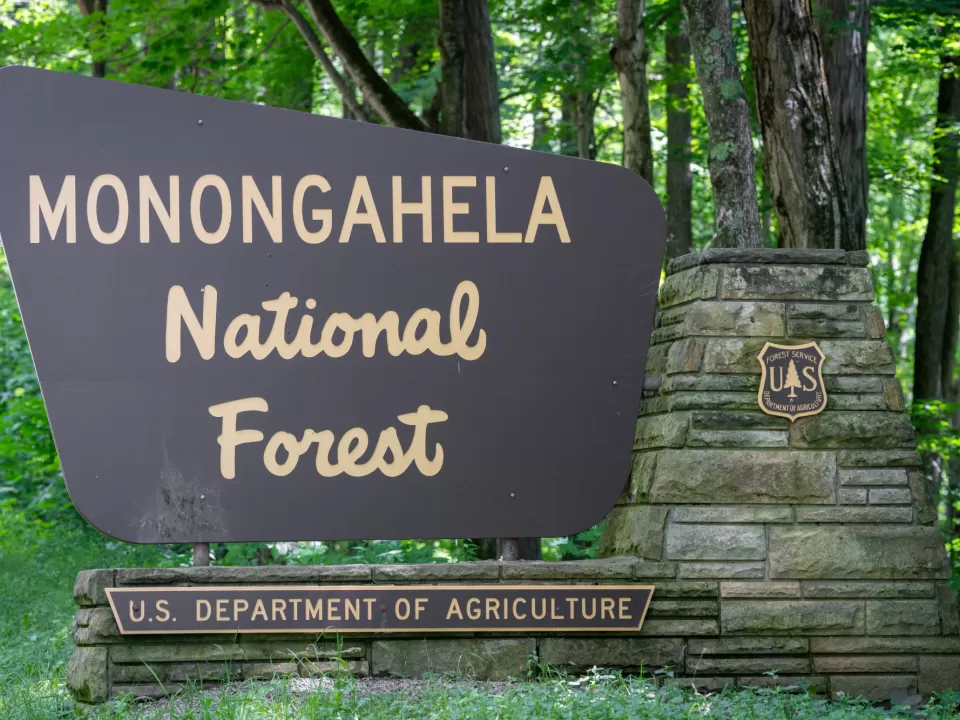 A large sign that reads: Monongahela National Forest, U.S. Department of Agriculture.