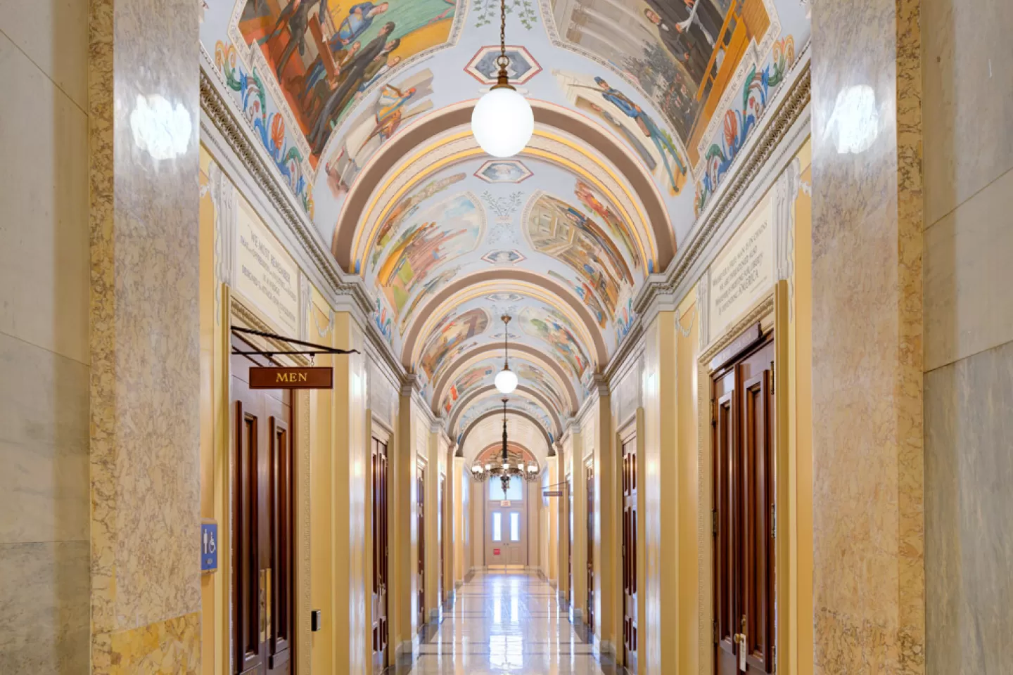 View down a hallway of the Cox Corridors in the House wing of the U.S. Capitol.
