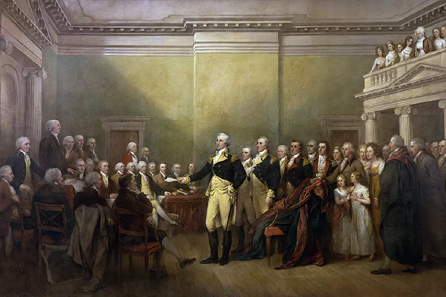 The "General George Washington Resigning His Commission" painting by John Trumbull on display in the U.S. Capitol Rotunda.