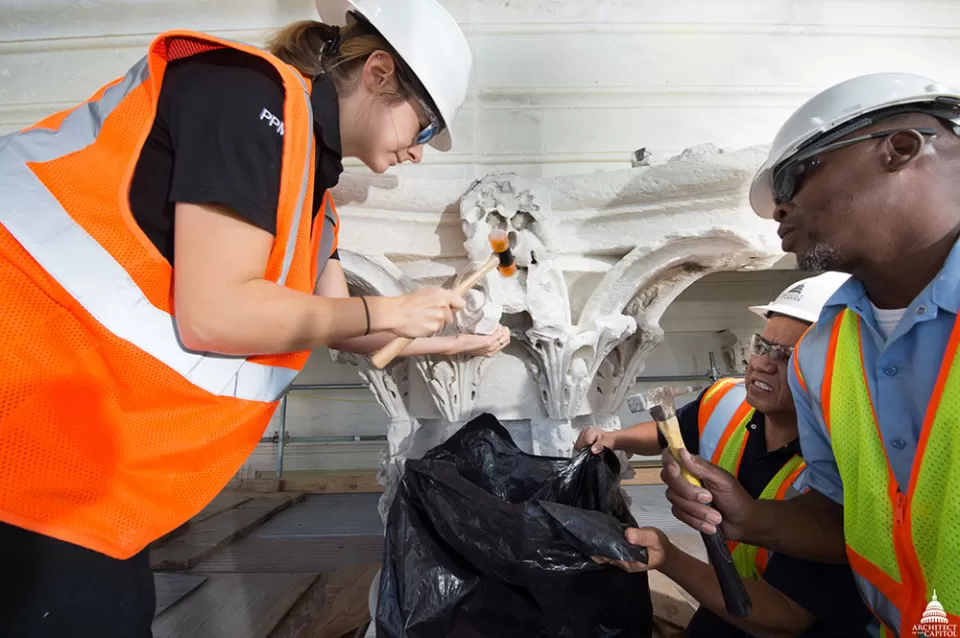 Restoration work on a column capital on the west façade of U.S. Capitol's north wing.