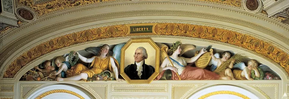 The south wall of The President's Room featuring a lunette with a portrait of George Washington.