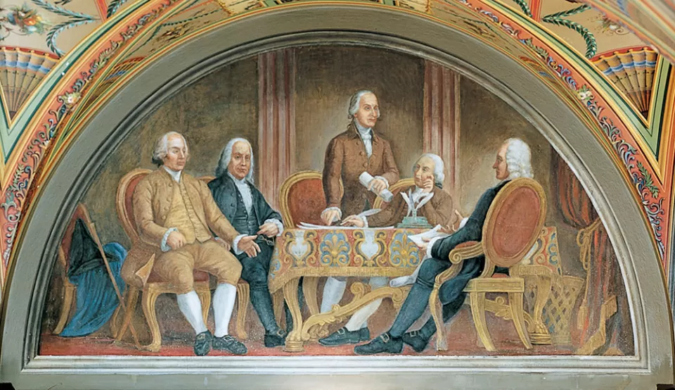 Brumidi's lunette "The Signing of the First Treaty of Peace with Great Britain" in the U.S. Capitol.