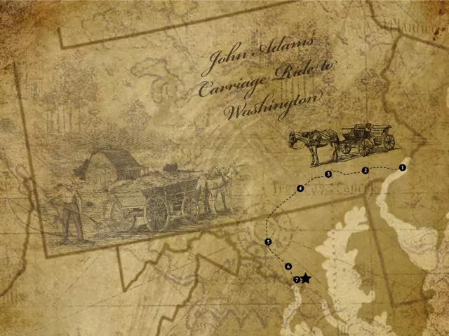 Map illustration of John Adam's route: 1. Philadelphia 2. Downingtown 3. Lancaster 4. York 5. Frederick 6. Rockville 7. Georgetown *. Final Destination: Washington, D.C.