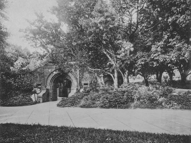 The Summerhouse, obscured by the plants, vines and trees of Olmsted's original design, blends into the landscape.