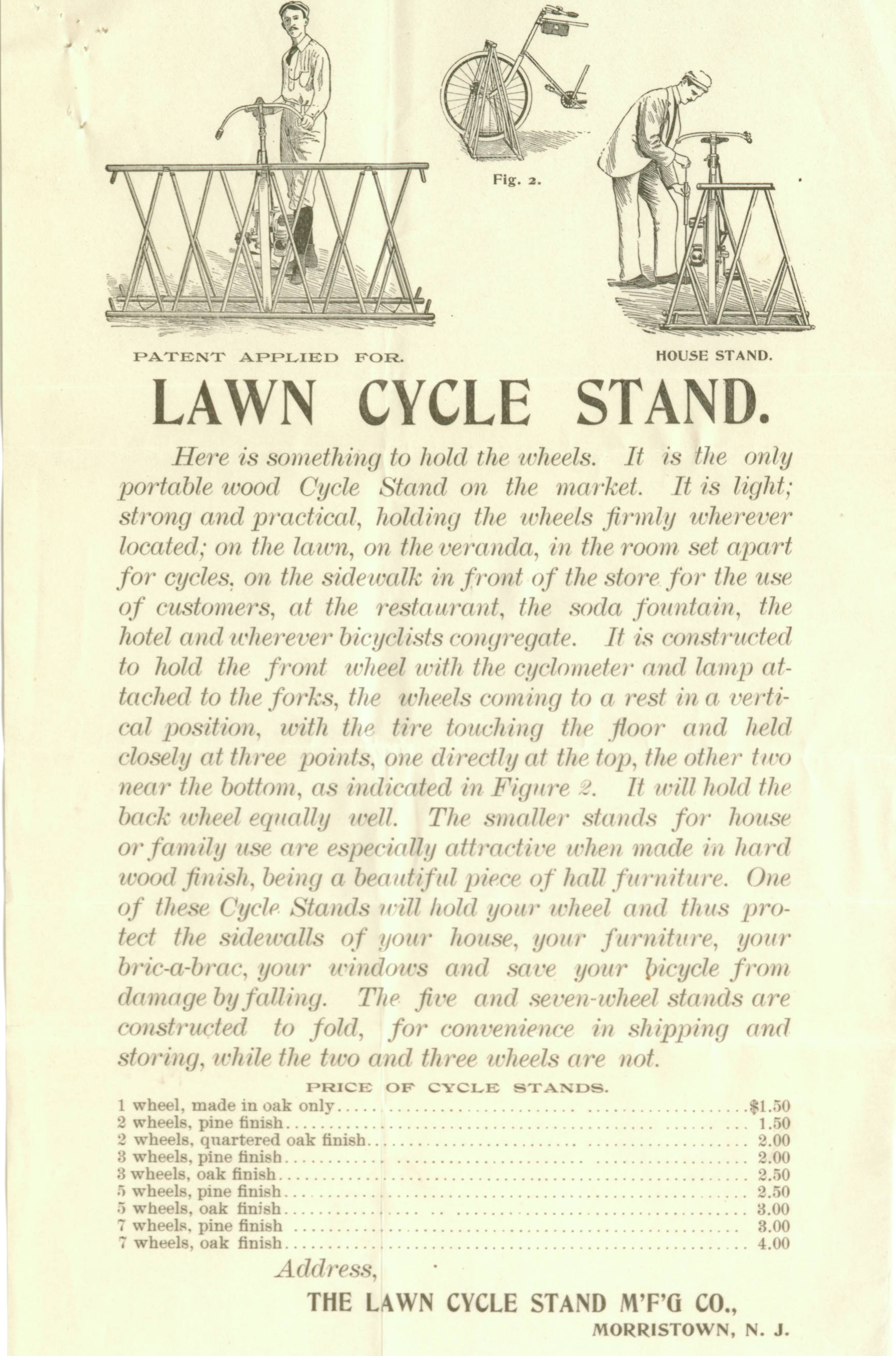 Advertising flyer from the Lawn Cycle Stand Manufacturing Co.