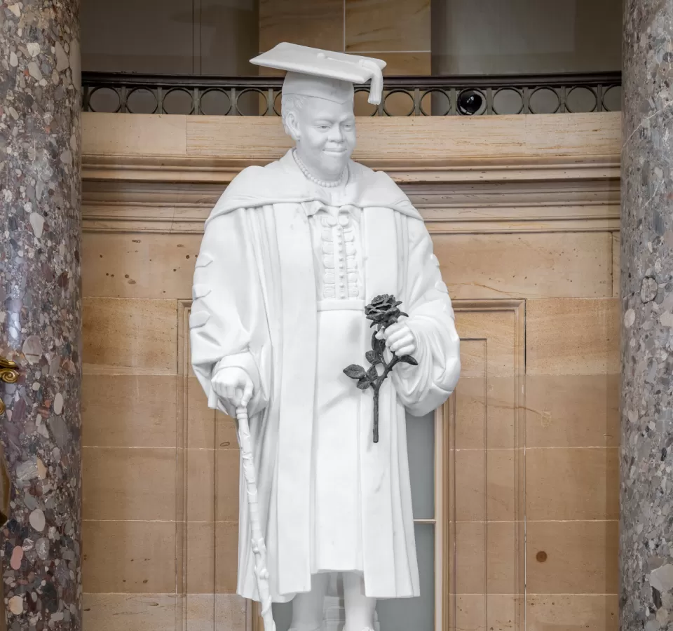 Marble statue of a person standing.