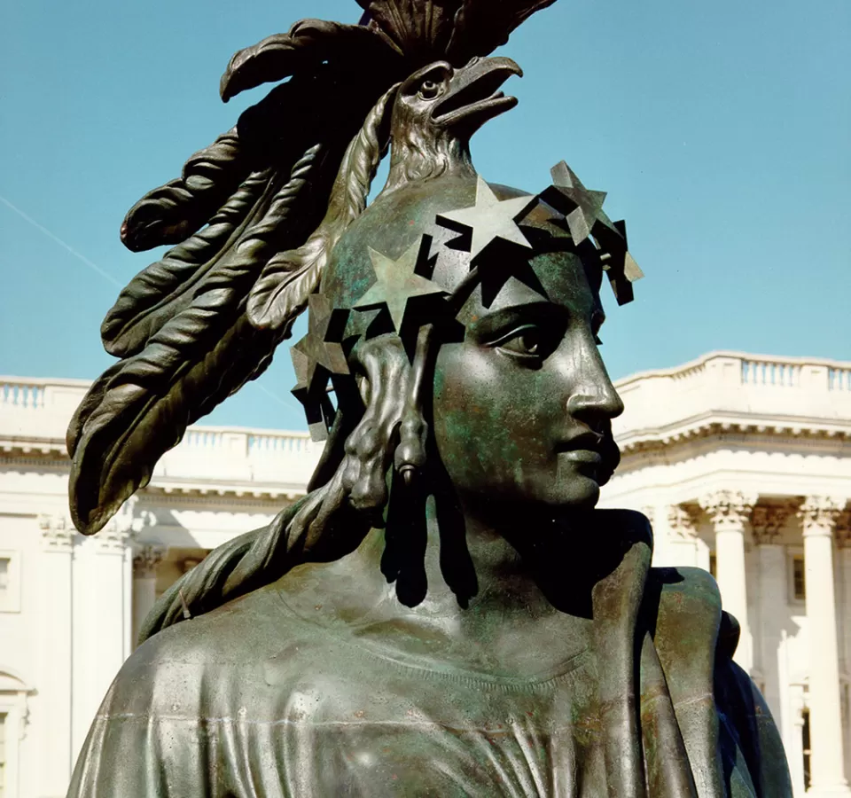 Close-up detail photo with Statue of Freedom during conservation in 1993.