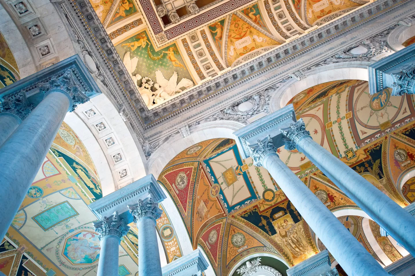 Looking up in the Great Hall in the Library of Congress Thomas Jefferson Building.