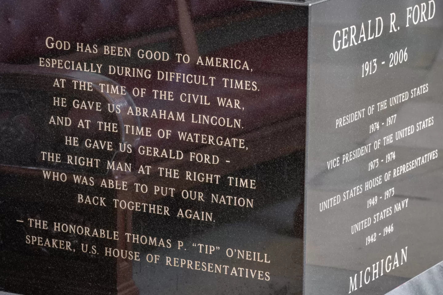 "God has been good to America, especially during difficult times. At the time of the Civil War, he gave us Abraham Lincoln. And at the time of Watergate, he gave us Gerald Ford— the right man at the right time who was able to put our nation back together again."