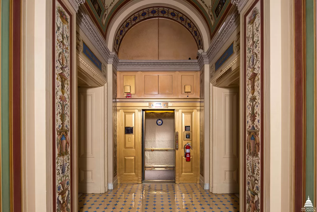 The first elevator in the U.S. Capitol, located in the Senate wing.