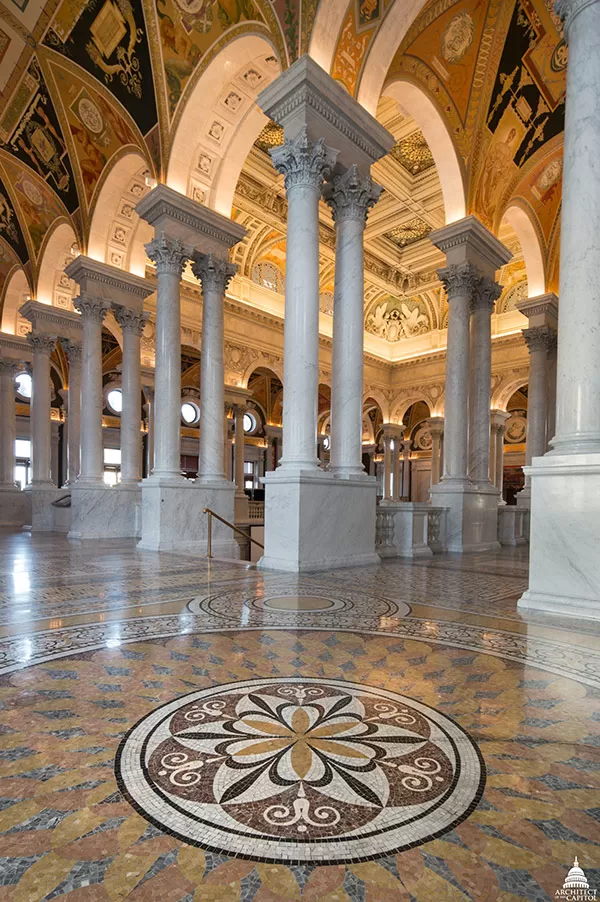 From the mosaic tiled floor to the Corinthian columns and painted archways, the Great Hall in the Library of Congress Thomas Jefferson Building has history and beauty worth stopping to admire.