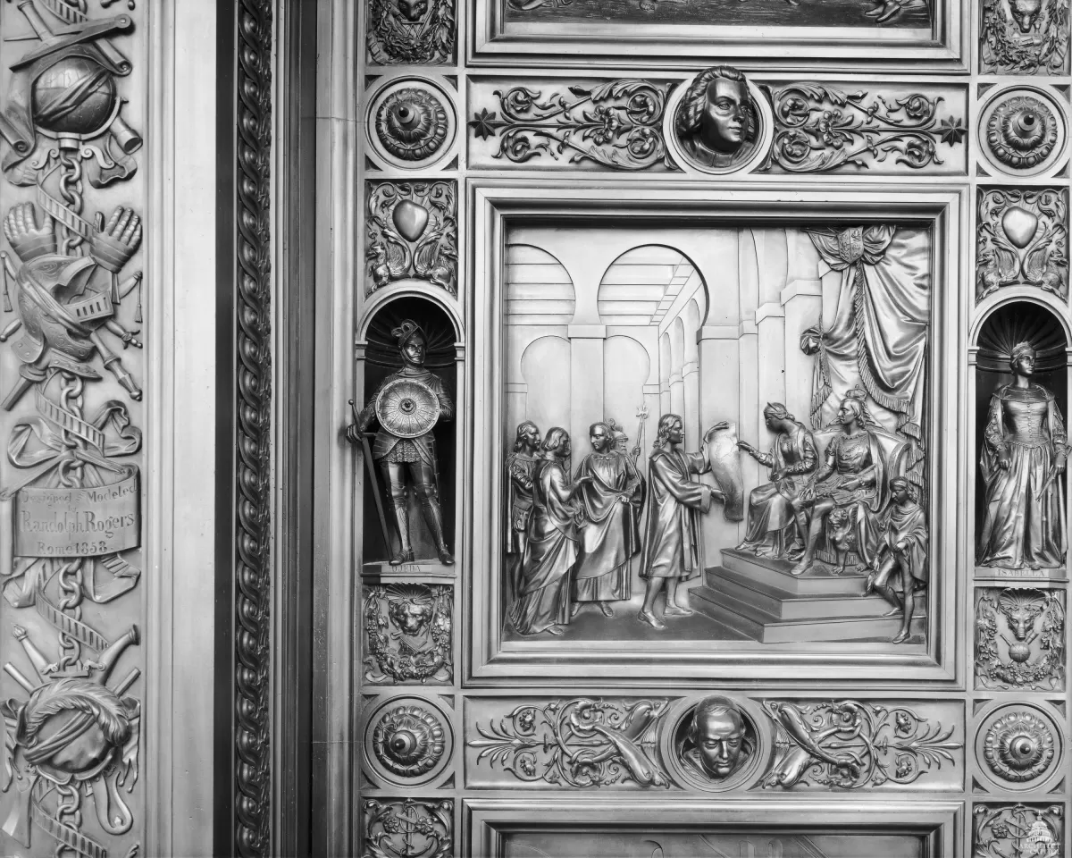 Columbus Doors, Left Valve: Audience at the Court of Ferdinand and Isabella (1492)