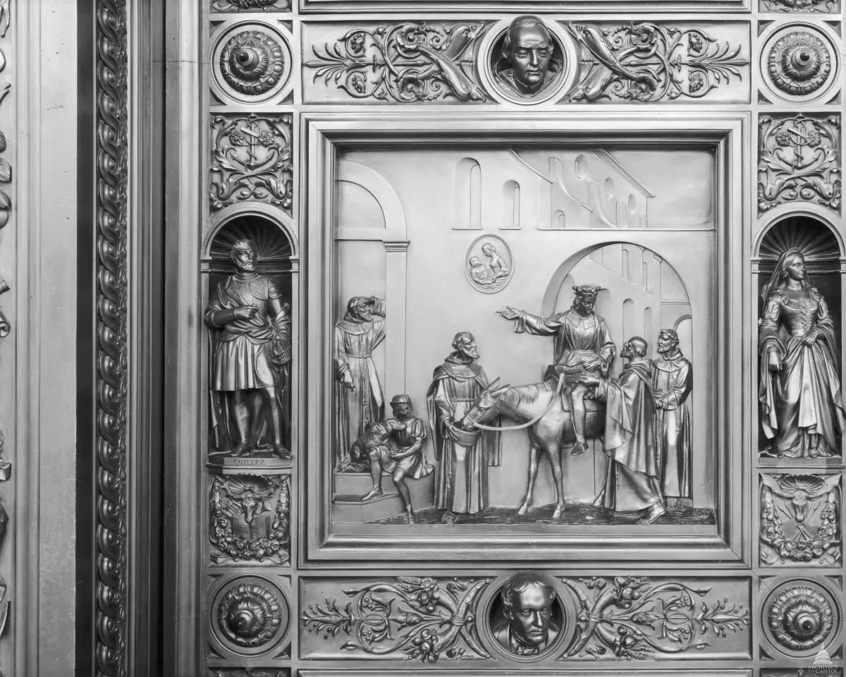 Columbus Doors, Left Valve: Departure from the Convent of La Rábida (1492)