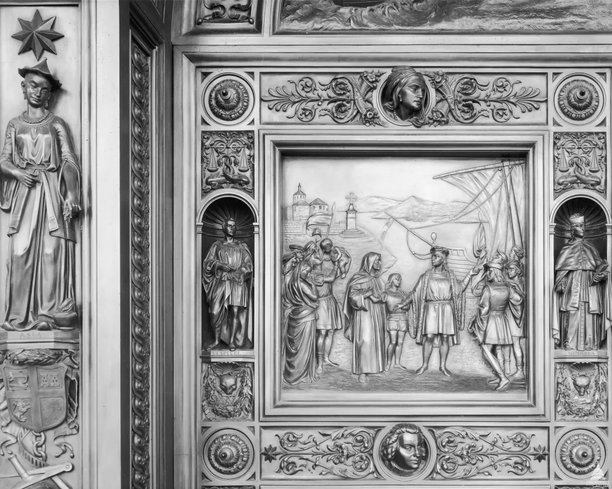 Columbus Doors, Left Valve: Departure of Columbus from Palos (1492)