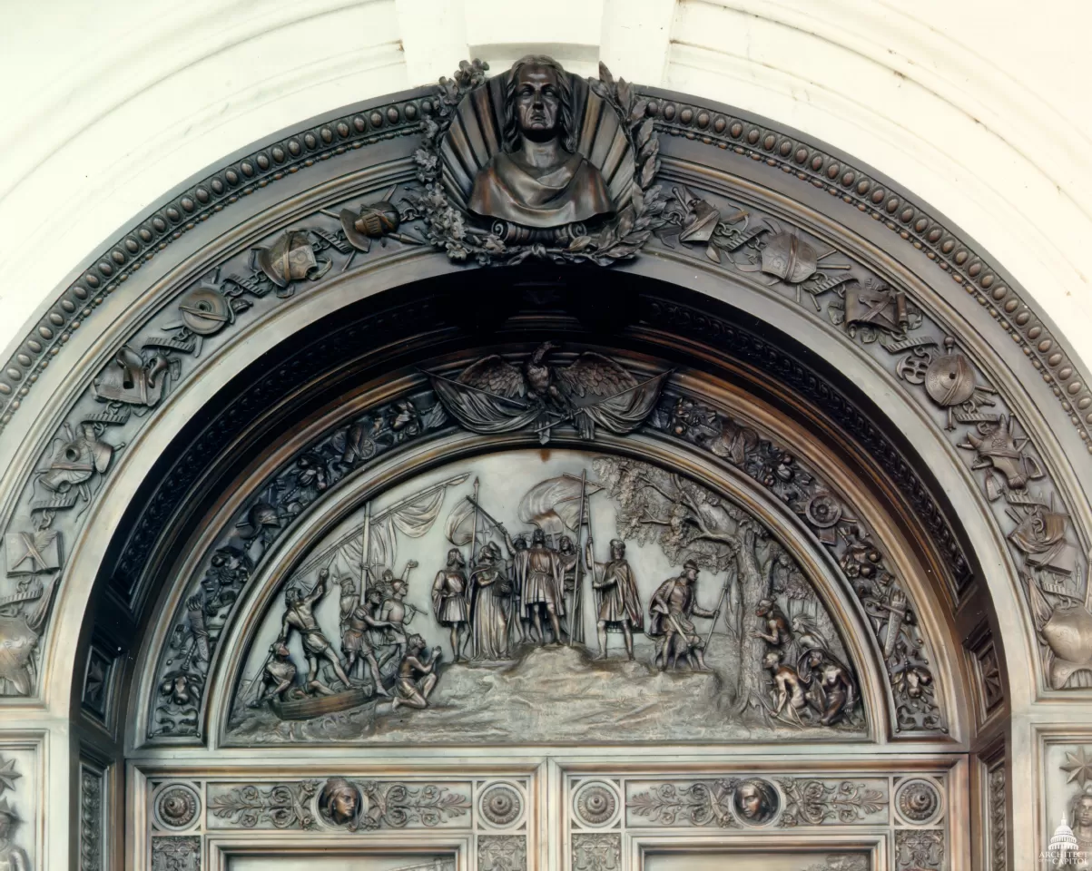 Columbus Doors, Tympanum: Landing of Columbus in the New World (1492)