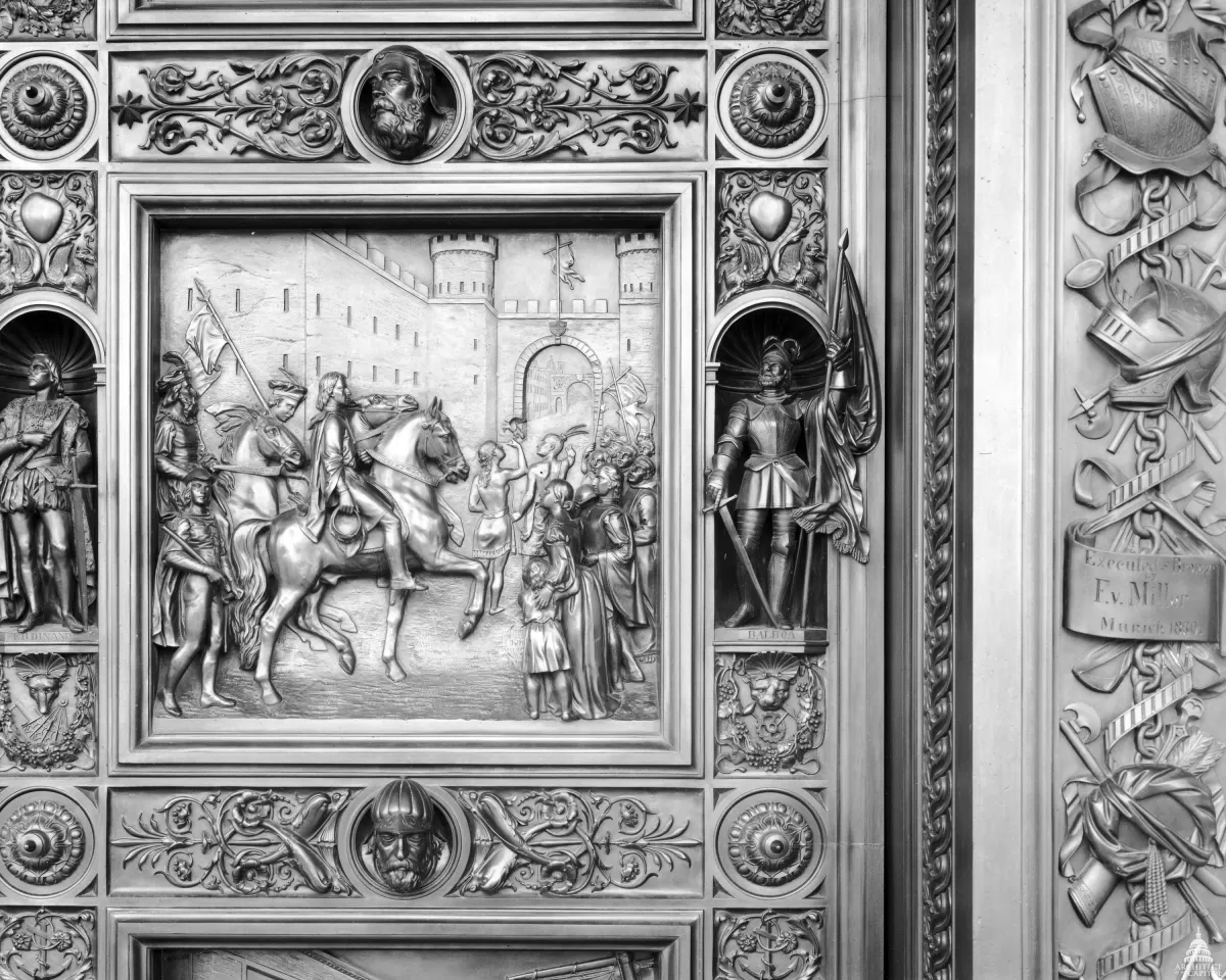 Columbus Doors, Right Valve: Entry of Columbus into Barcelona (1493)