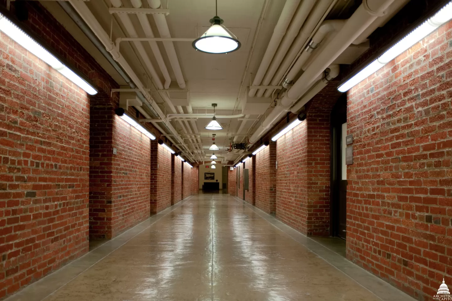 A basement corridor in the Russell Senate Office Building.