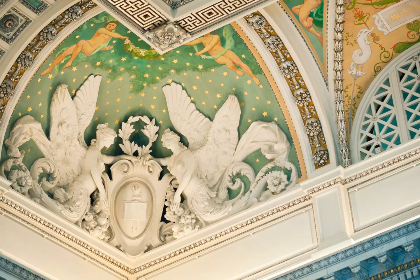 Looking up in the Great Hall in the Library of Congress Thomas Jefferson Building.