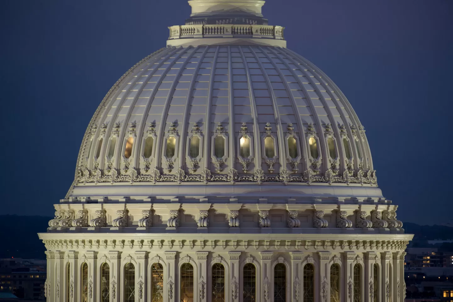 The U.S. Capitol Dome's cupola at night.
