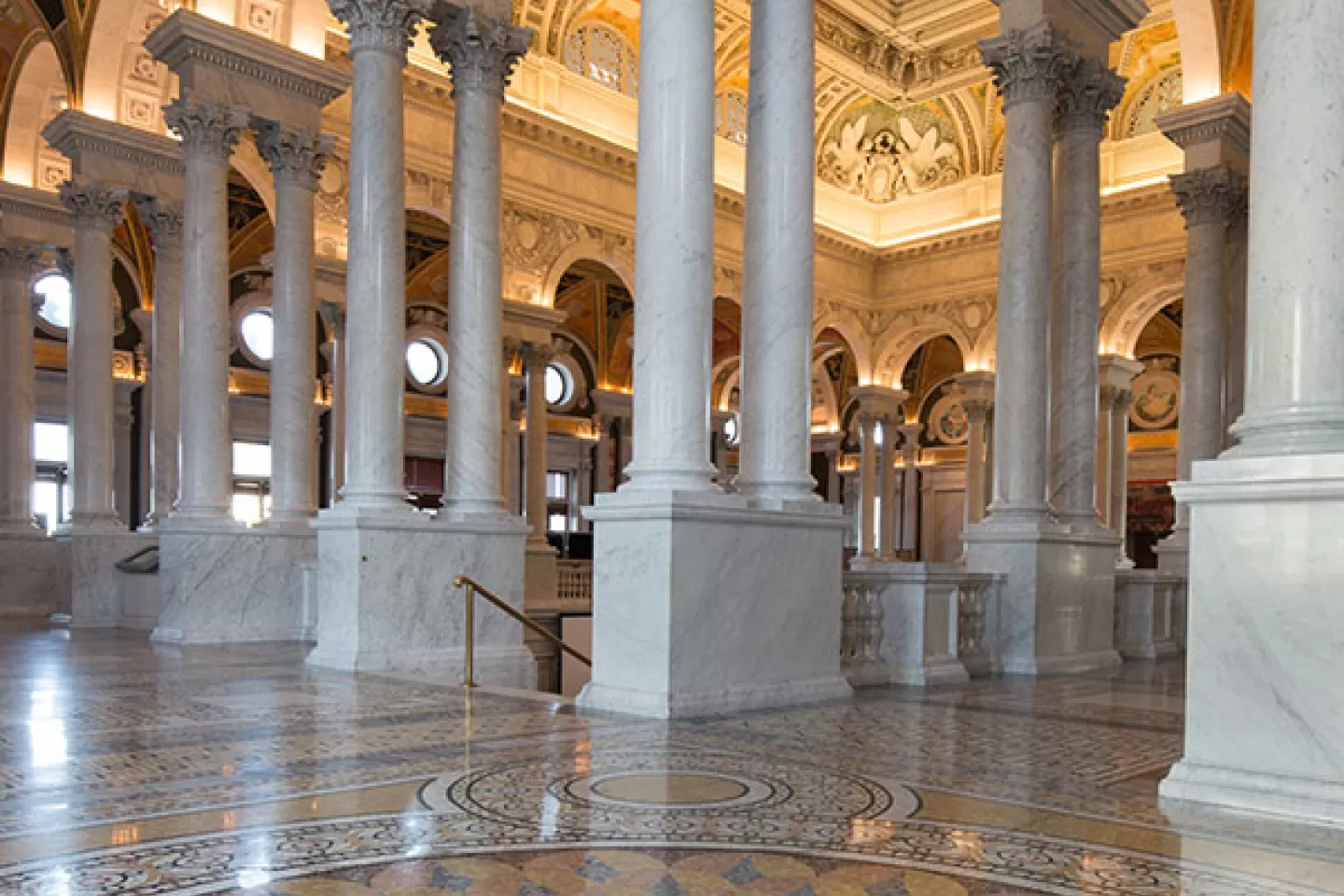 From the mosaic tiled floor to the Corinthian columns and painted archways, the Great Hall in the Library of Congress Thomas Jefferson Building has history and beauty worth stopping to admire.
