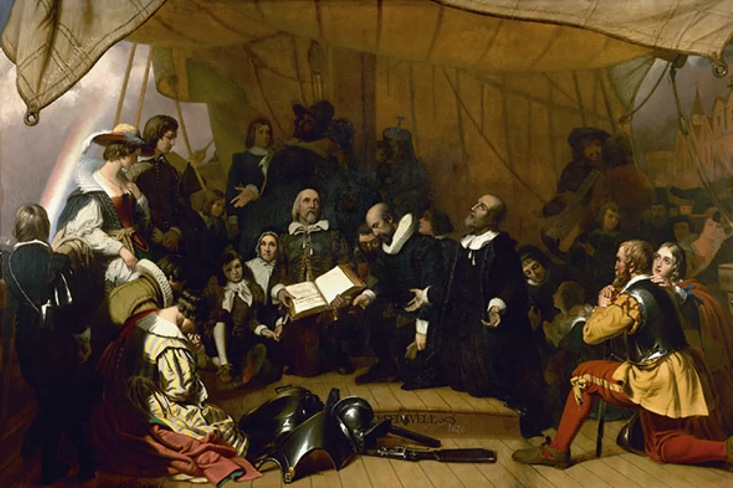 Historic "Embarkation of the Pilgrims" painting in the U.S. Capitol Rotunda.