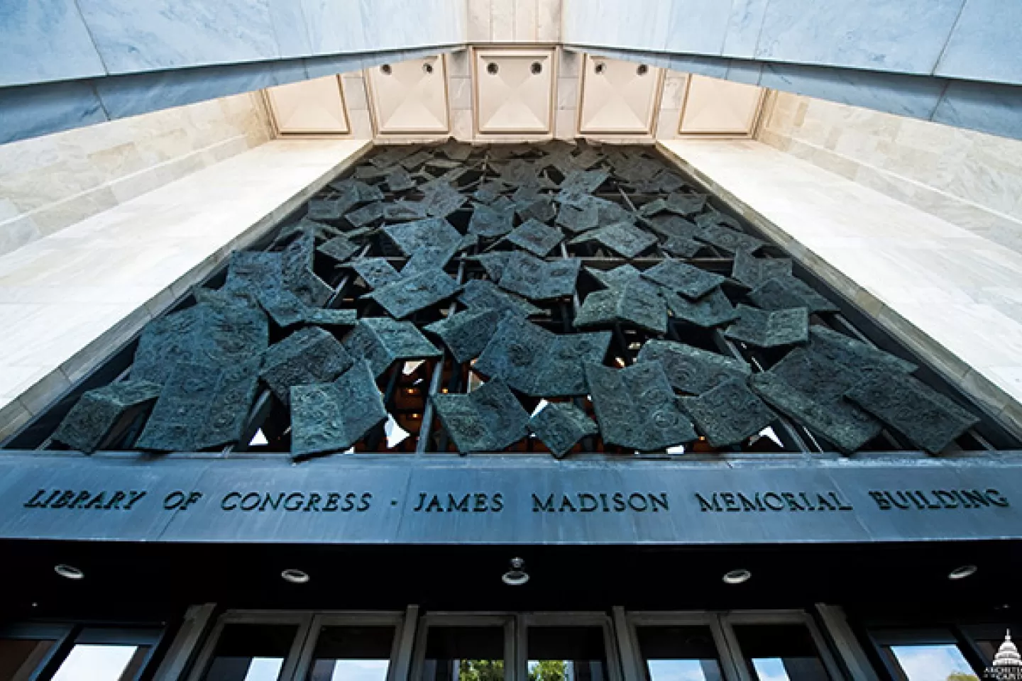 A Cascade of Books at the entrance to the Library of Congress James Madison Memorial Building in Washington, D.C.