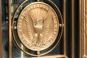 Bronze medallion with eagle the on exterior of the Dirksen Senate Office Building.