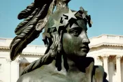 Close-up detail photo with Statue of Freedom during conservation in 1993.