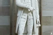 Detailed view of the hands on the Alexander Hamilton statue.