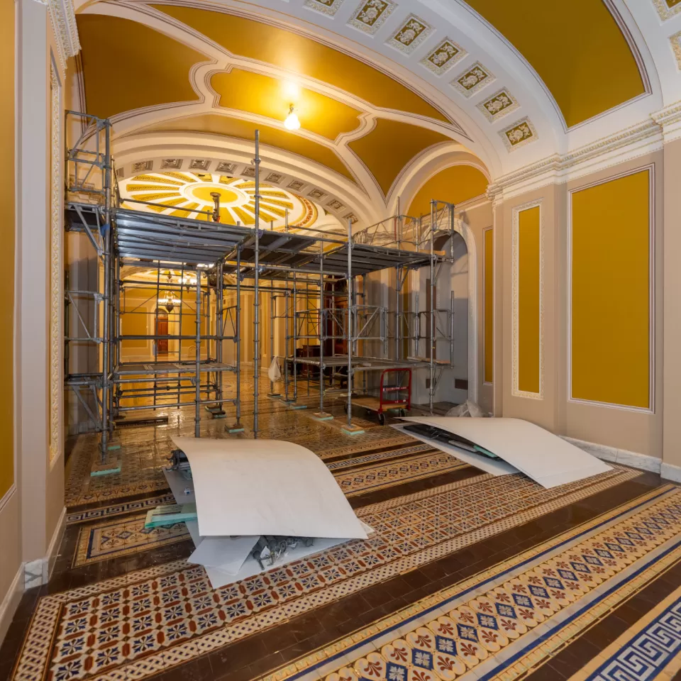 View of a hallway with scaffolding.