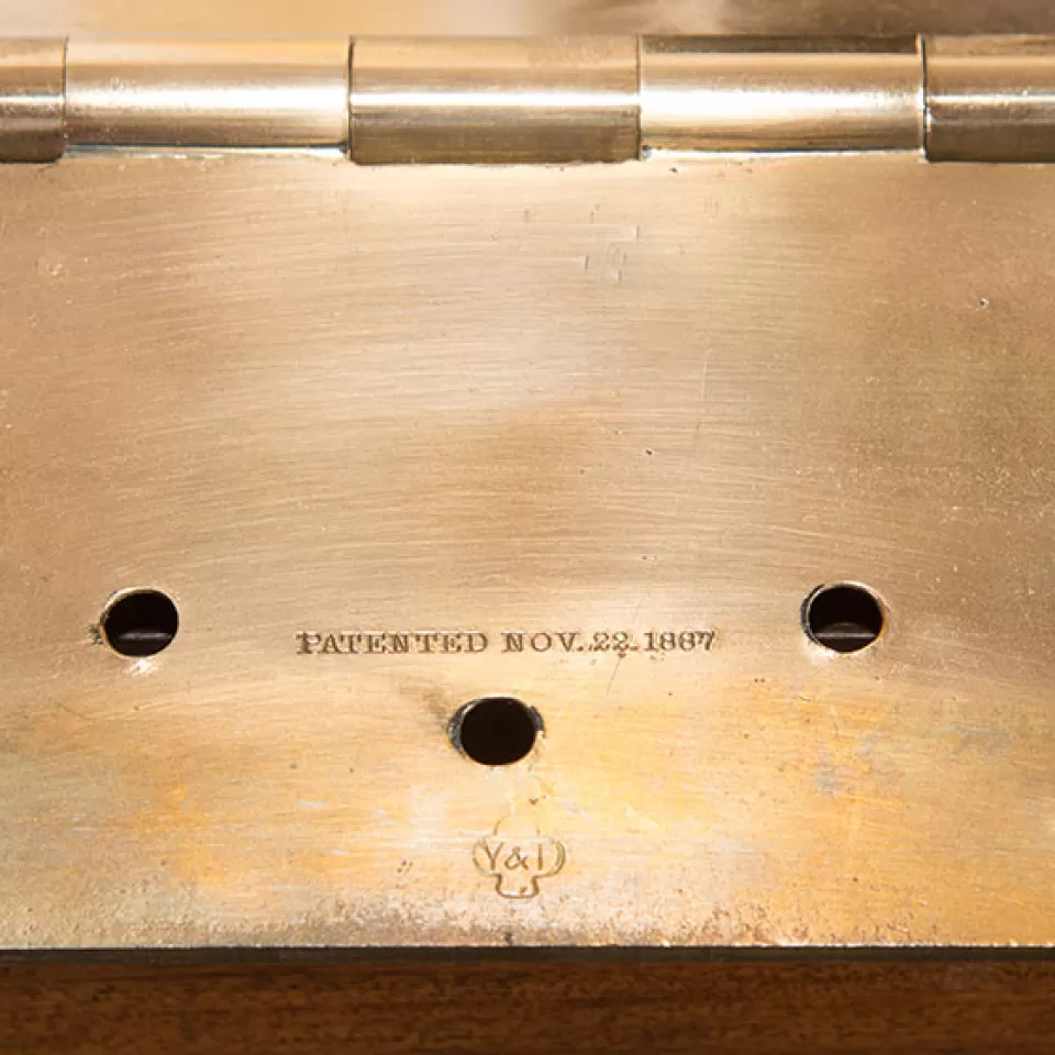 Close look at a door hinge in the Library of Congress Thomas Jefferson Building, patented Nov. 22, 1887.