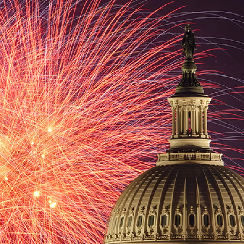 Fireworks bursting in the air with the U.S. Capitol dome on July 4th.