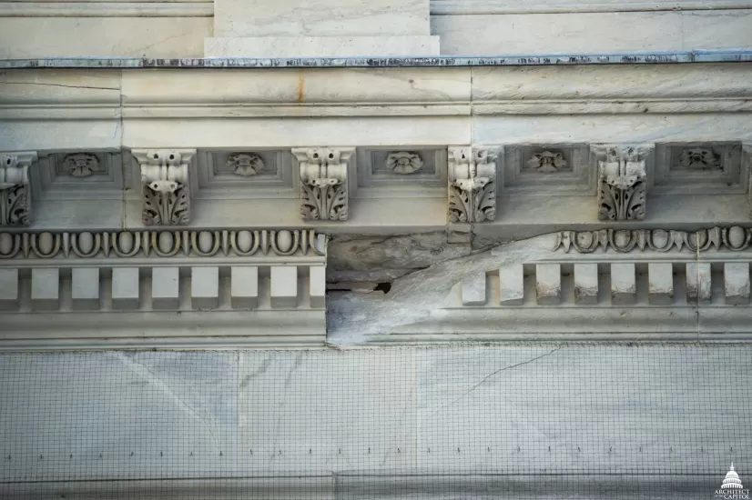 Detailed view of stone sculpture.
