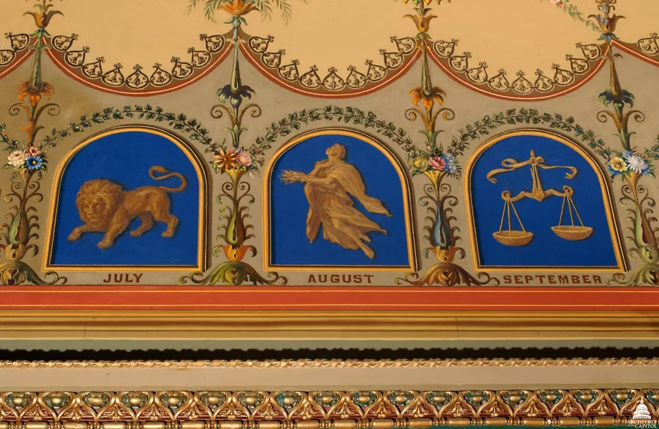 Three signs of the zodiac painted on the ceiling of the Brumidi Corridors. (Taken in 2003 prior to conservation.)