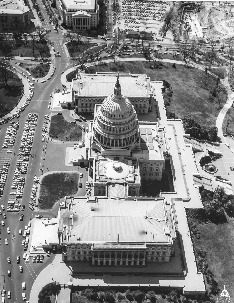 View of the U.S. Capitol before the courtyards were transformed into meeting rooms, offices and connecting hallways in the building’s basement level.