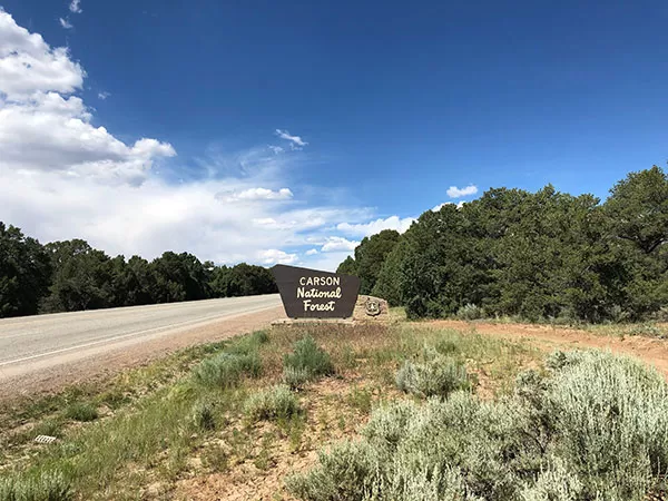 Welcome sign for the Carson National Forest in New Mexico.