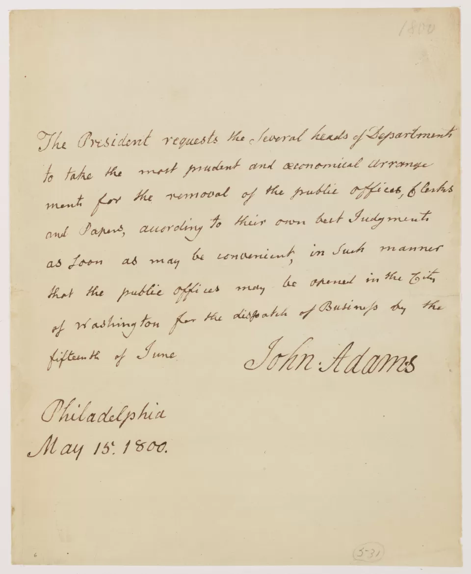 Letter from John Adams requesting the government move to Washington, D.C.