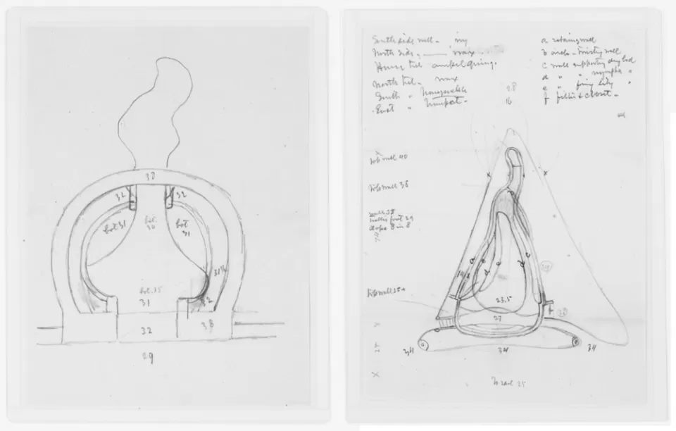 Plans showing details of the pond, pathways and plantings for the south summerhouse.