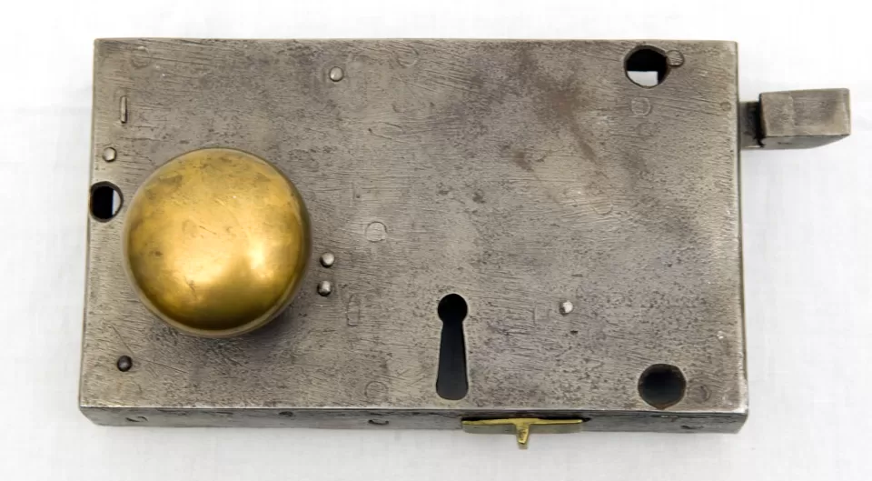 Example of the type of hardware used in the early U.S. Capitol: rim lock from a Capitol door.