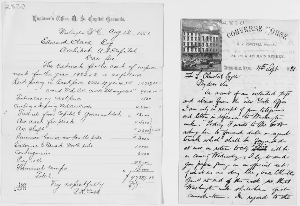 Left: Olmsted's budget request showing a line through "Summer house on the south side." Right: Letter from Thomas Wisedell to Olmsted regarding the summerhouse.