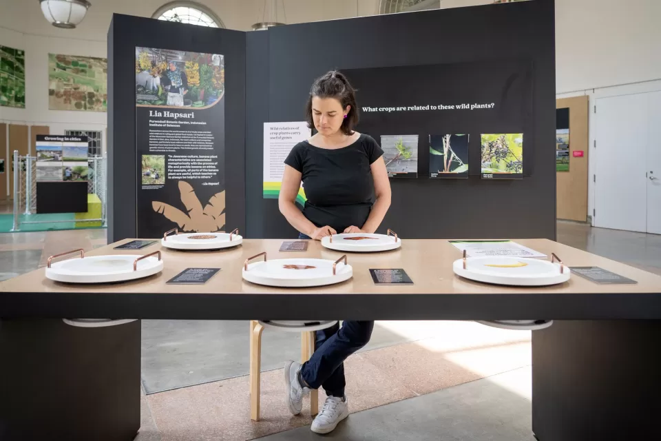 Theresa Dahlman reviews an interactive element in the agriculture exhibit that gives physical weight to carbon dioxide created by different foods.
