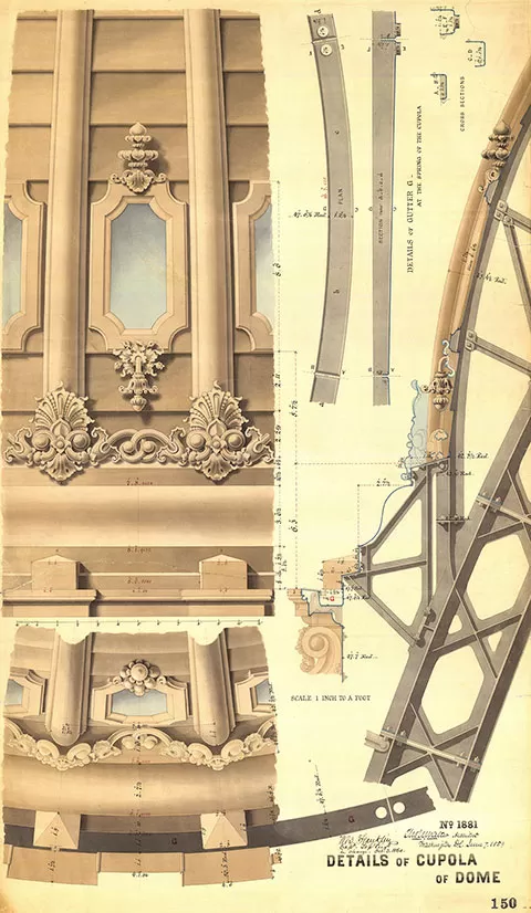 Thomas U. Walter's U.S. Capitol Dome drawings detail the many pieces of iron that are connected in a way that secures them and allows for motion. 