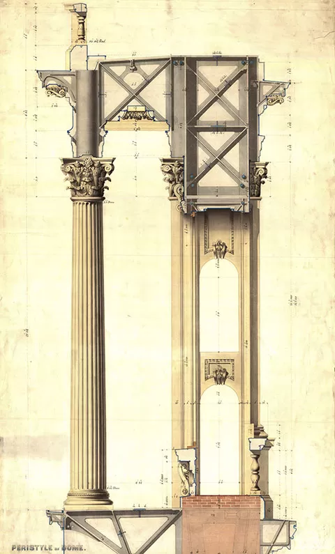 Thomas U. Walter's design for the bracket Meigs sketched and the column and brick structure it connects.