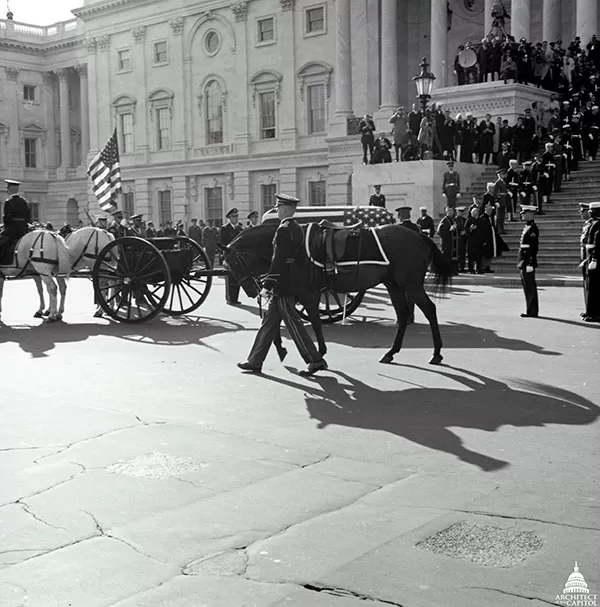 Blackjack on the East Front Plaza of the U.S. Capitol Building next to the casket of President John F. Kennedy.