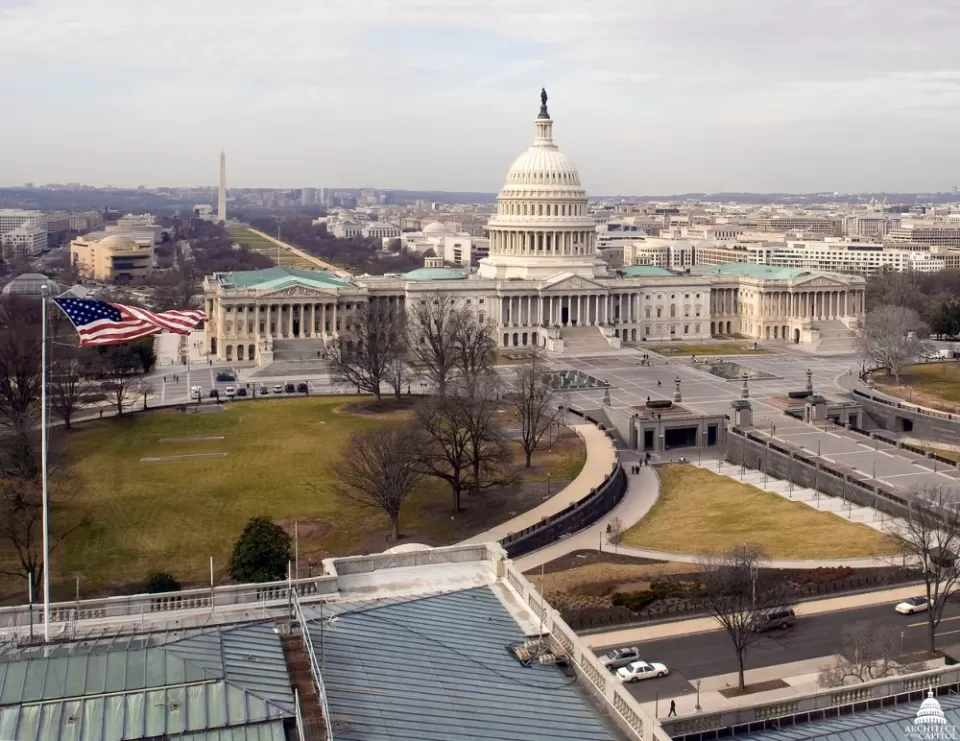 View of the U.S. Capitol with the Capitol Visitor Center entrance visible.