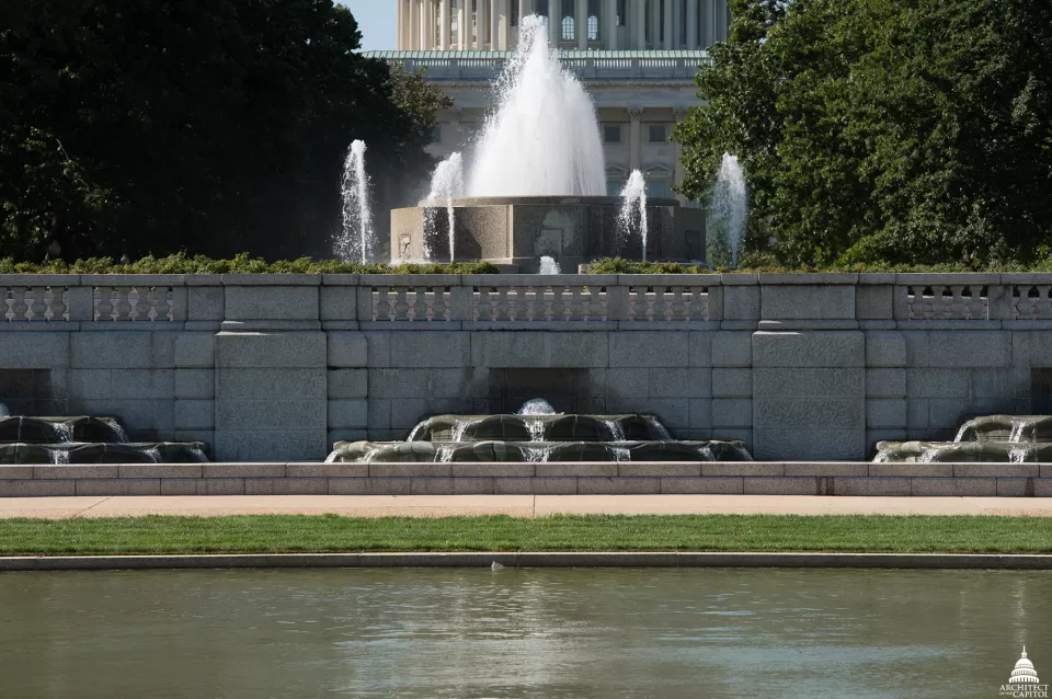 There is a 30,000-gallon concrete surge tank under the terrace of the Senate Fountain.