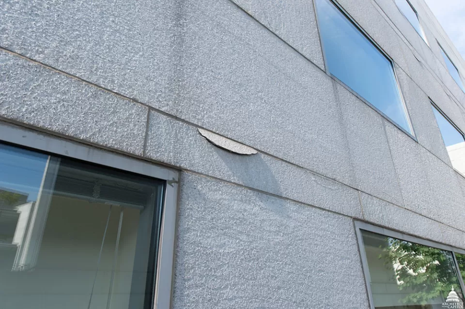 Stone awaiting restoration at the Thurgood Marshall Federal Judiciary Building.