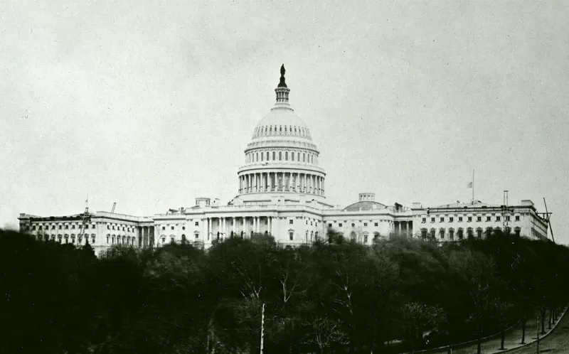 U.S. Capitol in 1865 with black bunting around the Dome following death of Abraham Lincoln April 15, 1865.