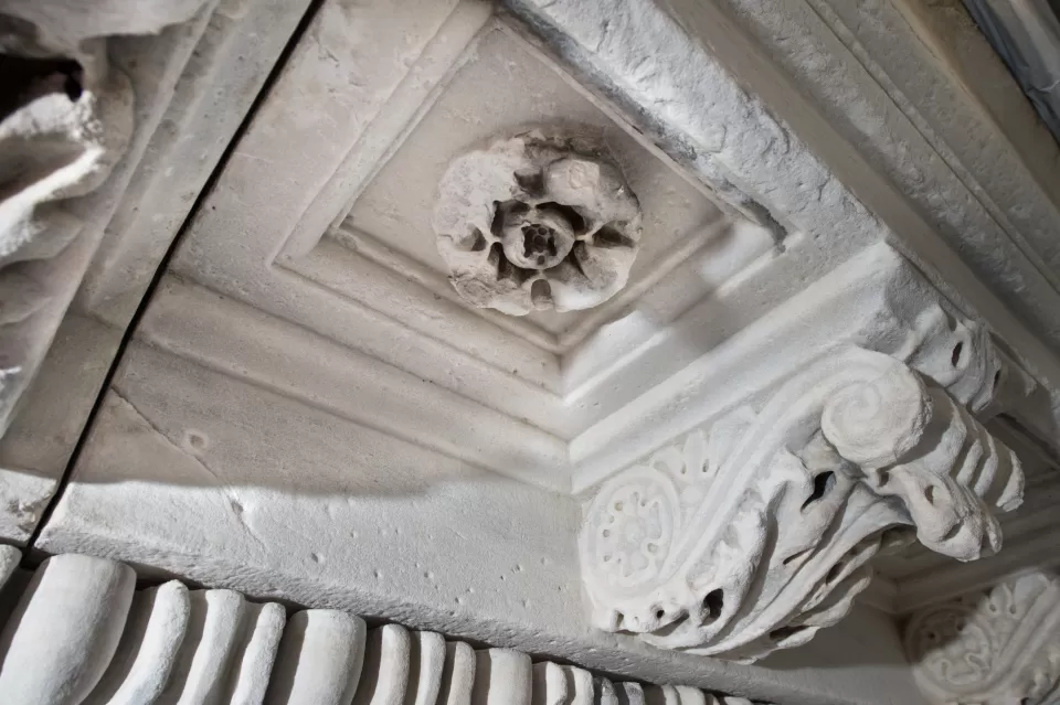 Deteriorated stone rosette on the U.S Capitol.