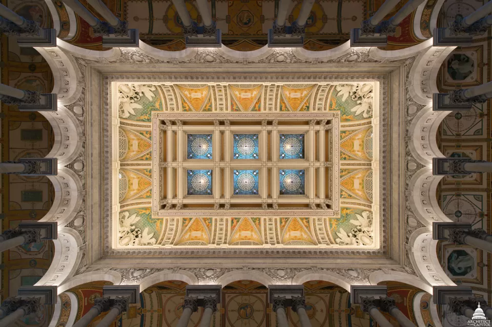 Looking up at the laylights of the Library of Congress Thomas Jefferson Building Great Hall.